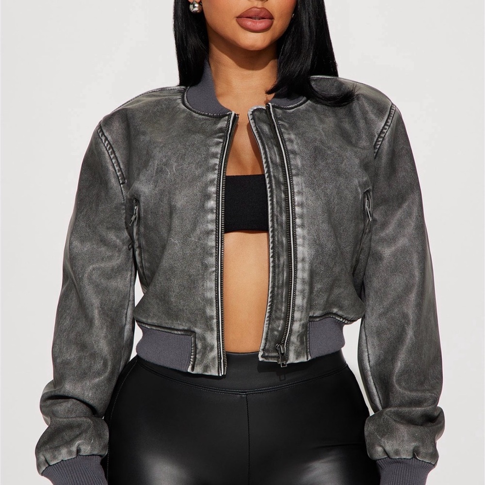 🖤 FASHION NOVA Washed Faux Leather Cropped Bomber Jacket – Grey